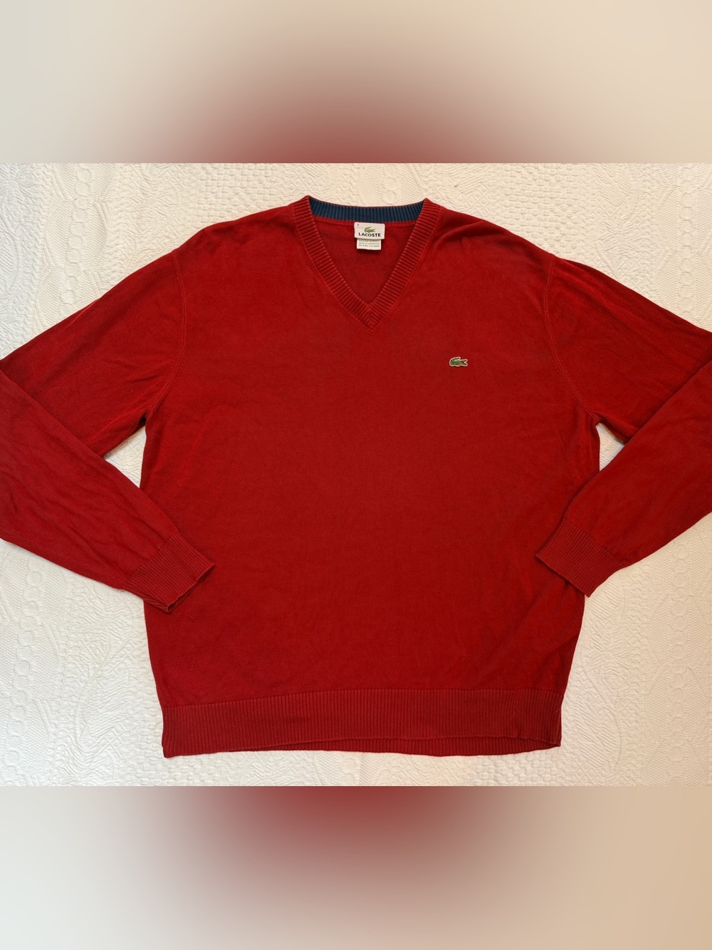 Vintage Lacoste Men’s XL V Neck Sweater Size 6 Red Knit Crocodile Logo